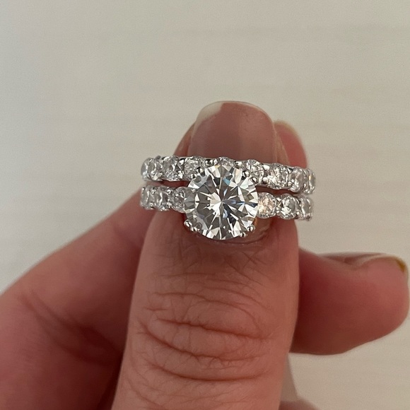 2.00ct Round CZ Engagement and Wedding Band Set, Eternity Band Sterling Silver - Picture 2 of 8